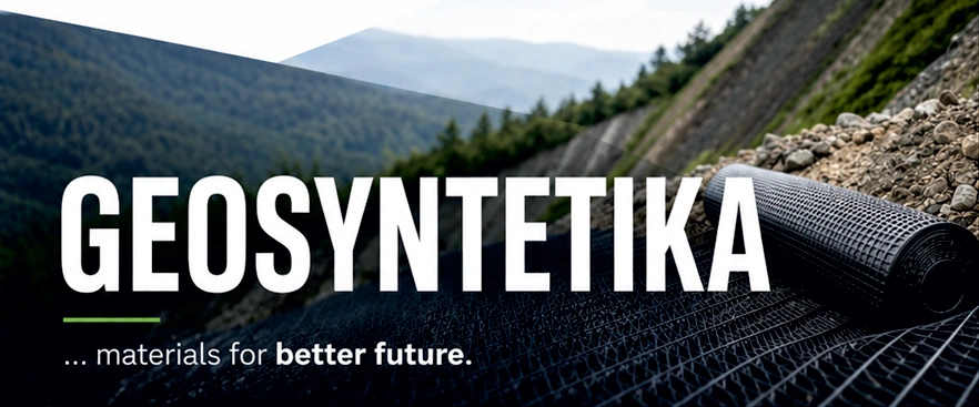 Geosynthetic reinforcement on a mountain slope. Flyer artwork: Geosyntetika — materials for a better future.
